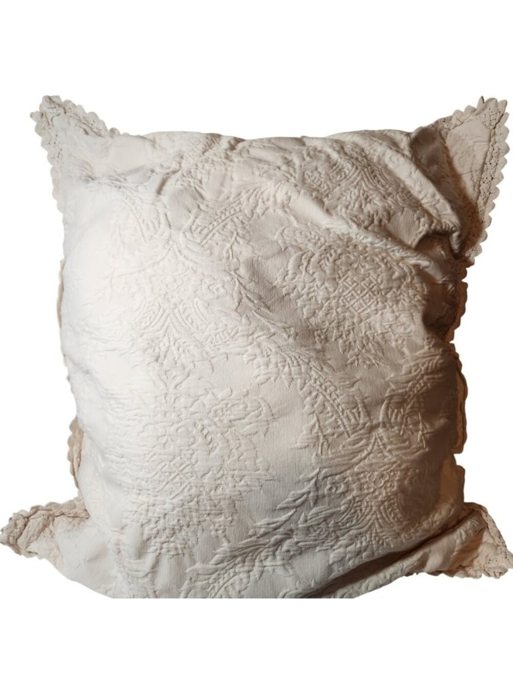 Vintage Matelasse Pillow large cotton Ivory Floral Damask Scalloped Crochet Lace